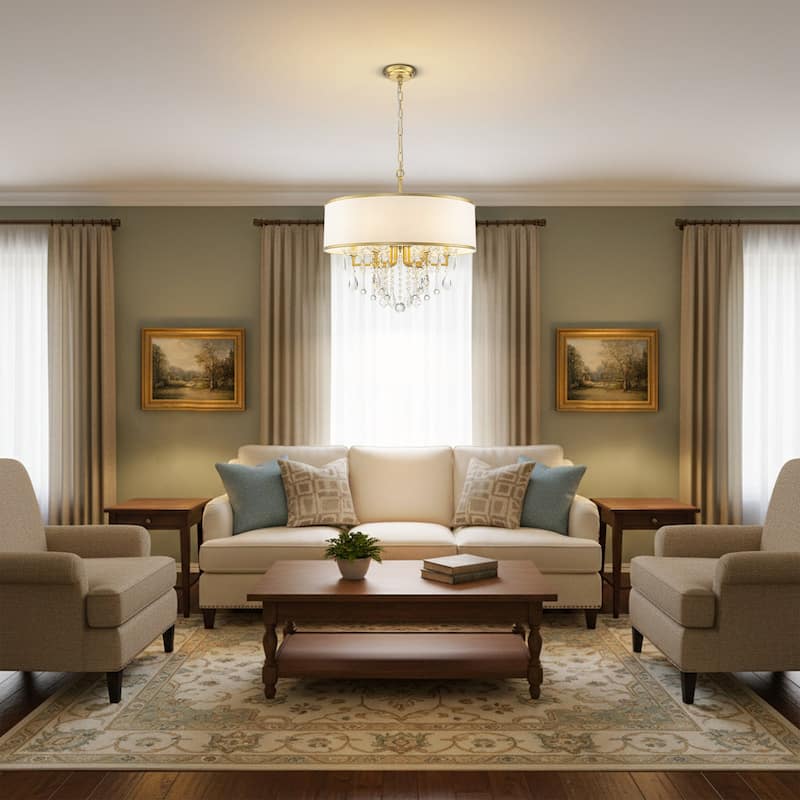 6-Light Modern Elegant Gold Drum Fabric Shade Adjustable Height with Crystal Accent Chandelier for Dining Room & Bedroom