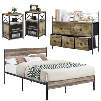 4-Piece Grey Bedroom Set with Bed Frame & 5-Drawer Dresser & Two Nightstands