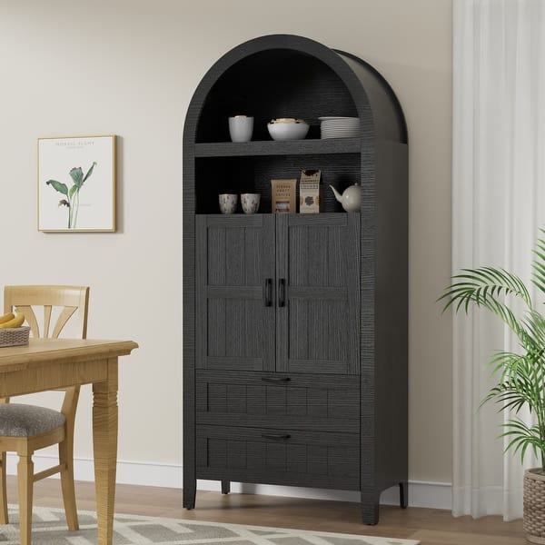 slide 2 of 10, Arched Storage Cabinet Display Shelves 2 Drawers Black