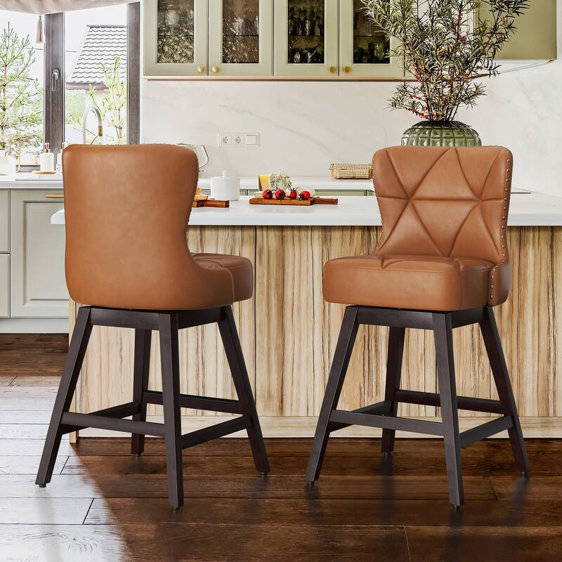 26 in. H Counter Height Barstools Modern Upholstered 360 Free Swivel Counter Stools with Footrest - Set of 2 - Brown