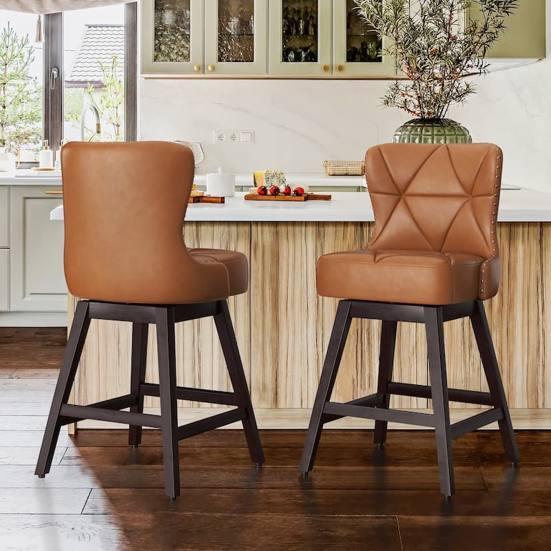 26 in. Mid-Century Modern Faux Leather ans Linen Upholstered Swivel Bar Stools with Wood Frame(Set of 2) - 20"W x 20"D x 39"H - Whiskey Brown