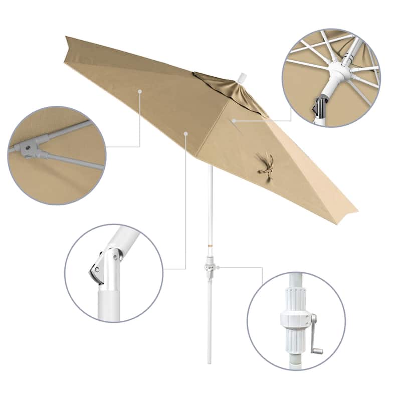 California Umbrella 9' Rd Patio Umbrella White Aluminum Frame Fiberglass Ribs Crank Lift Collar Tilt Sunbrella