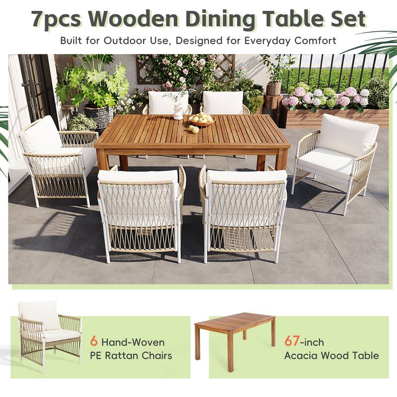 Roomfitters 7-Piece Patio Dining Set, Rectangular Outdoor Table with 6 White Rope Weave Armchairs & Cushions, Natural