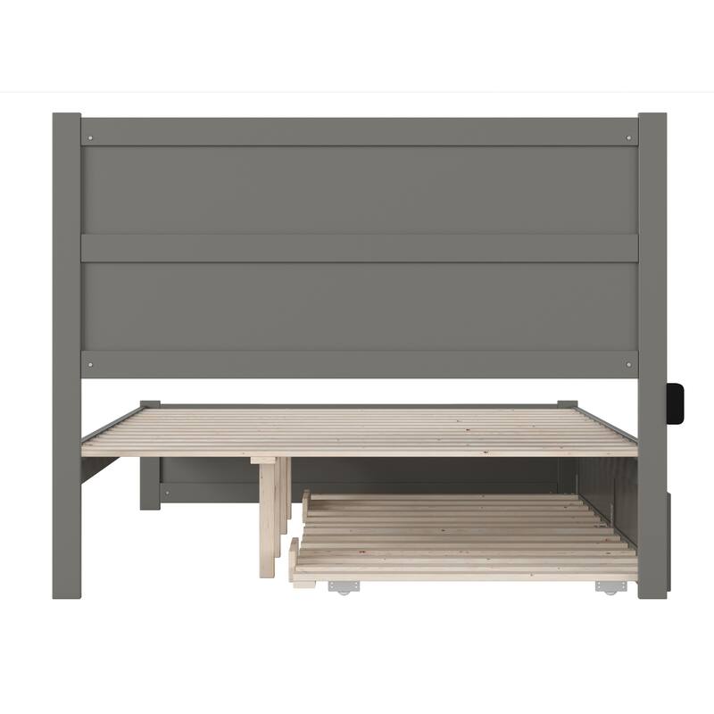 Twin Trundle Bed with Footboard - Grey Platform Bed Frame, Modern Style, Space Saving Design