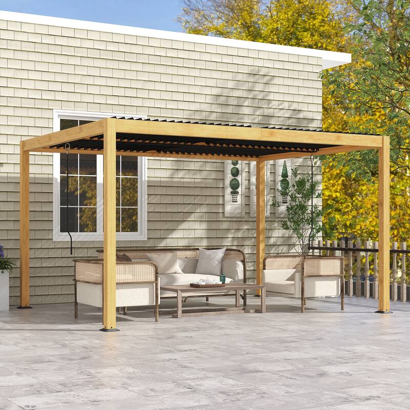 Outsunny 10' x 13' Louvered Pergola, Aluminum Outdoor Pergola with Adjustable Roof, Hardtop Gazebo - Brown