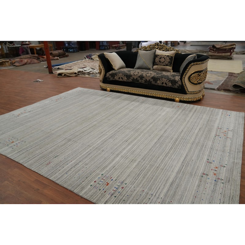 Hand Knotted Oriental 100% Wool Carpet Tribal Animal Pictorial Greys & Charcoal Gabbeh Area Rug - 12' 6'' X 9' 3''