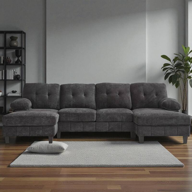 103.5" U-Shaped Sectional Sofa with Dual Chaise Lounges, Chenille Upholstery, Storage Pockets and Armrest Pillows