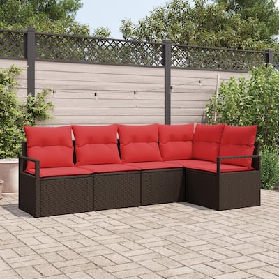 vidaXL 5/6 Garden Sofa Set with Cushions Black/Brown/Grey Poly Rattan - 91.3 x 48 x 27.2