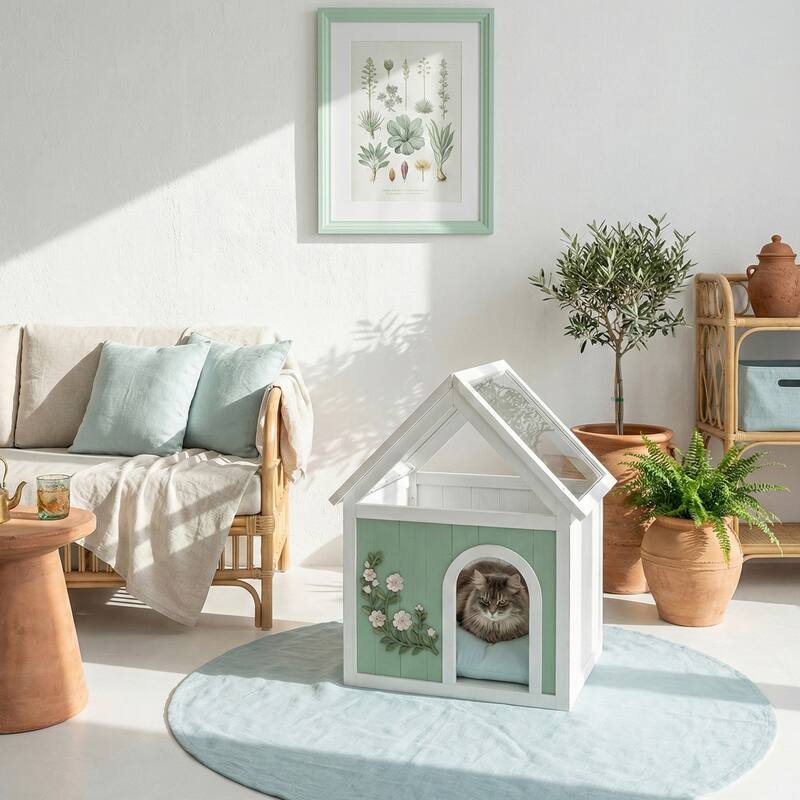 FSC Cedar Pet House with Transparent Roof & Floral Carvings - Indoor Shelter for Cats & Small Dogs