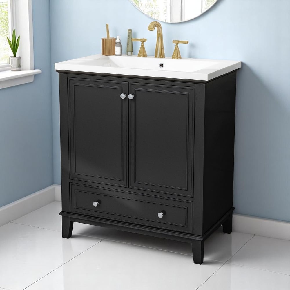 30" Bathroom Vanity with Sink Combo, Solid Wood Frame, Adjustable Shelf, Drawer & Cabinet Storage