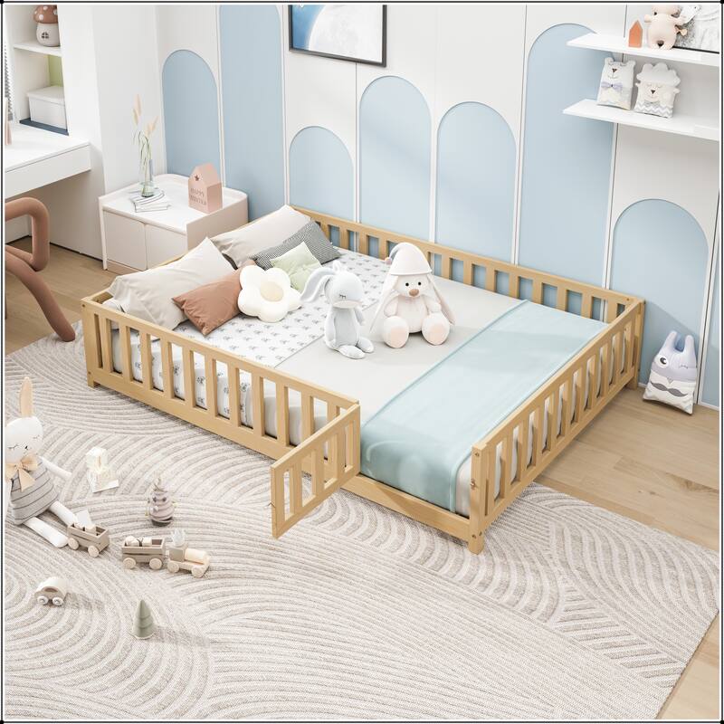 Full Size Floor Platform Bed with Fence and Door for Kids
