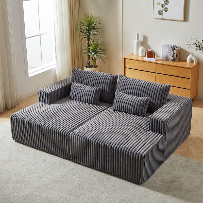 87'' Lounge Chaise Sleeper Sofa - Soft Corduroy Couch with Ottoman Bench and Pillow Support