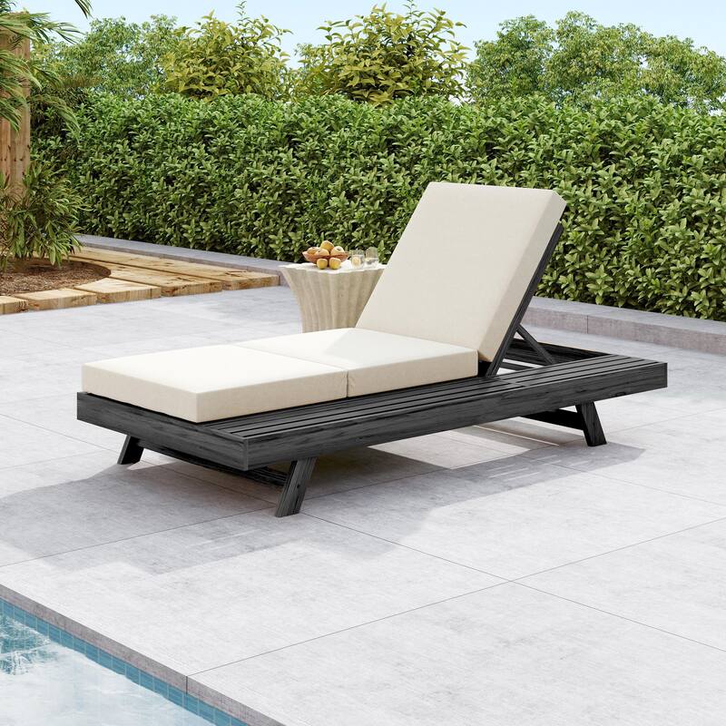 Outdoor Patio Acacia Wood Chaise Lounge Chair with Adjustable Backrest, Side Open Storage and Water-Repellent Cushions - Triple Fold Cream - 1pc Black