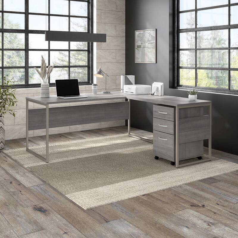 Hybrid 72W L Shaped Table Desk with Drawers by Bush Business Furniture - Platinum Gray