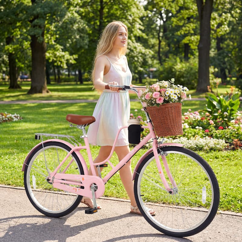 Gymax 26-Inch Beach Cruiser Bike w/Adjustable Seat Woven Basket & Rear