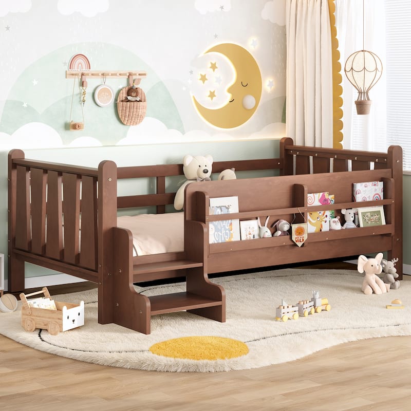 Full/Twin Floor Bed with Storage Bookcases & Cute Stairs - Solid Wood Kids Bed, No Box Spring