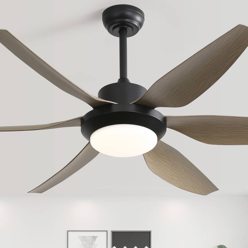54-inch Indoor Modern Ceiling Fan with Light and Remote, LED Dimmable, 6 ABS Blades - Black with Antique Bronze Blades