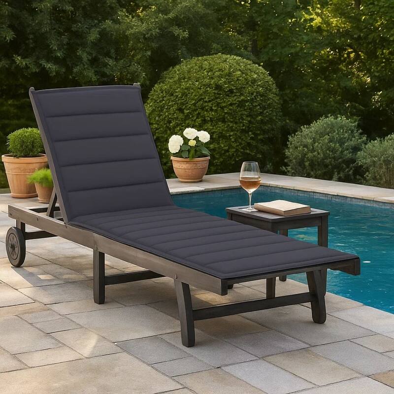 Kaye Outdoor Sun Lounger, 79 Inch Acacia Wood, Dark Gray Polyester