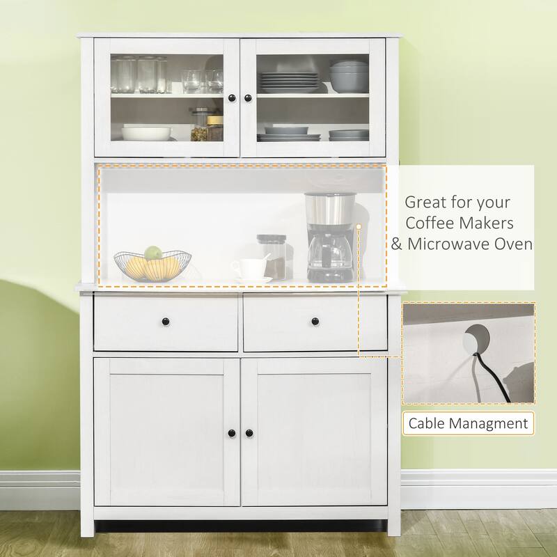 63.5" Kitchen Buffet with Hutch, Pantry Storage Cabinet with 4 Shelves, Drawers, Framed Glass Doors, Open Microwave Countertop=