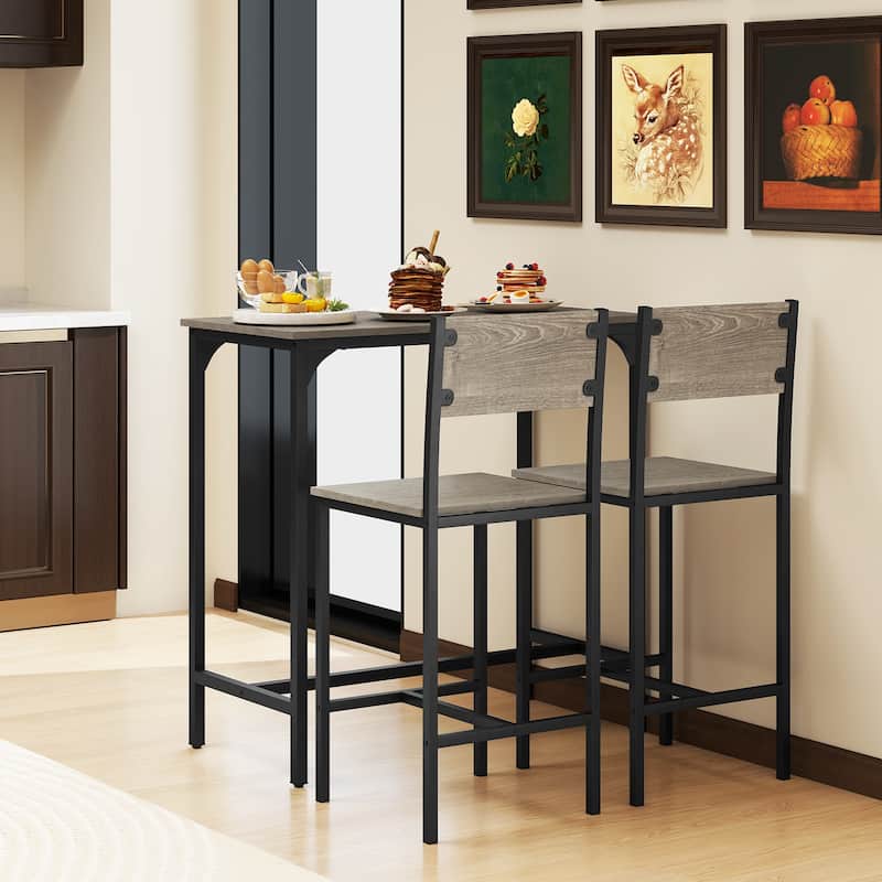 3 Pcs Bar Table Set with Chairs Backrest Footrest for Small Dining Space - 35.5" x 18" x 35"