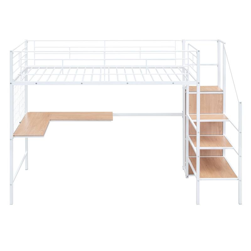 Twin Size Metal Loft Bed with Desk, Metal Grid, Storage Ladder, and Wardrobe