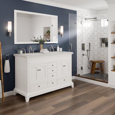 Eviva Elite Stamford 48" White Double Sink Bathroom Vanity w/ Double Ogee Edge White Carrara Quartz Top