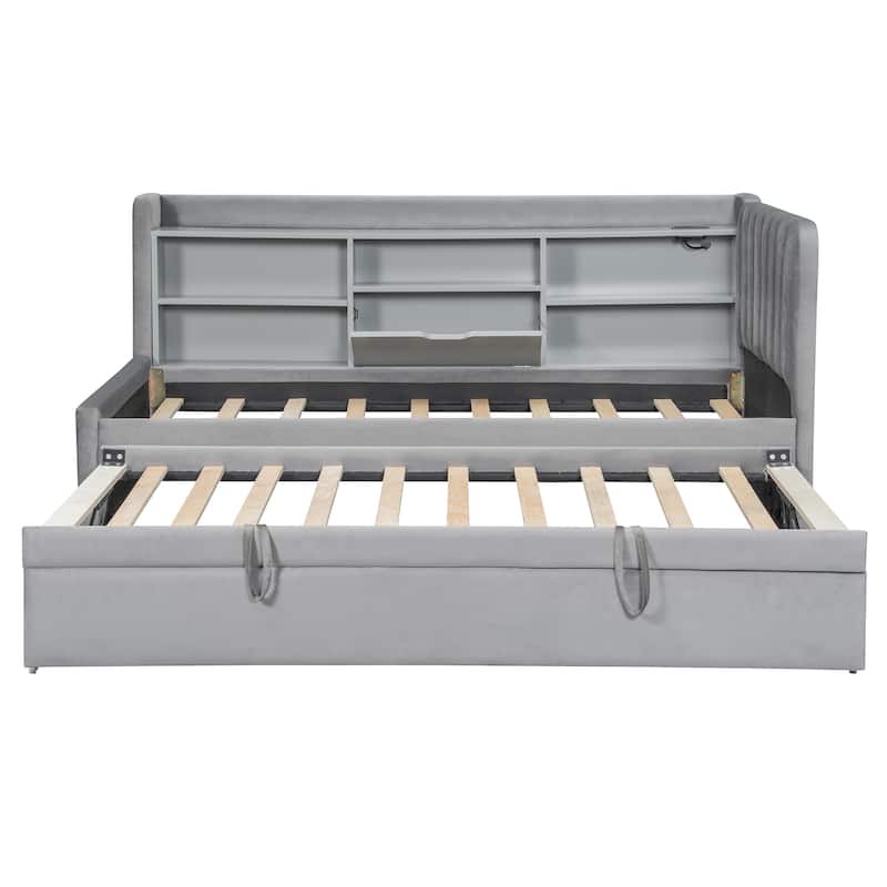 Twin Size Modern Upholstered Platform Bed with USB Ports & Trundle Bed, Floor Storage Daybed with Headboard & Wood Slat Support
