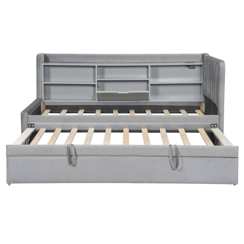 Twin Size Velvet Upholstered Daybed with Trundle, Storage Shelves, USB & Outlet