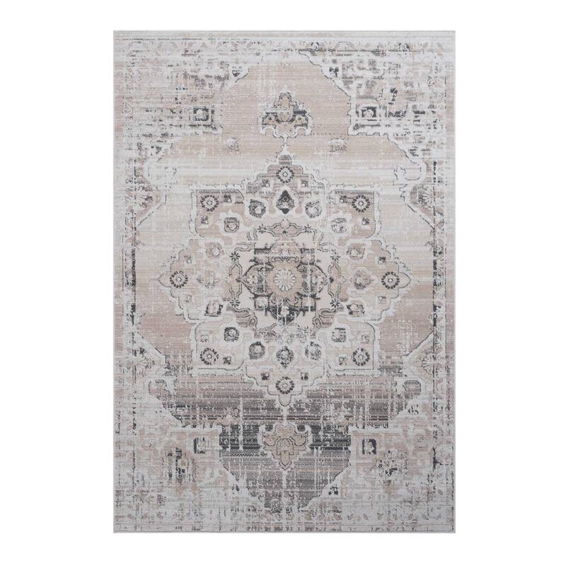 LOOM & LUXE Collection Cream/Beige/Medallion Non-Shedding Area Rug - 120" D x 93" W x 0.28" H