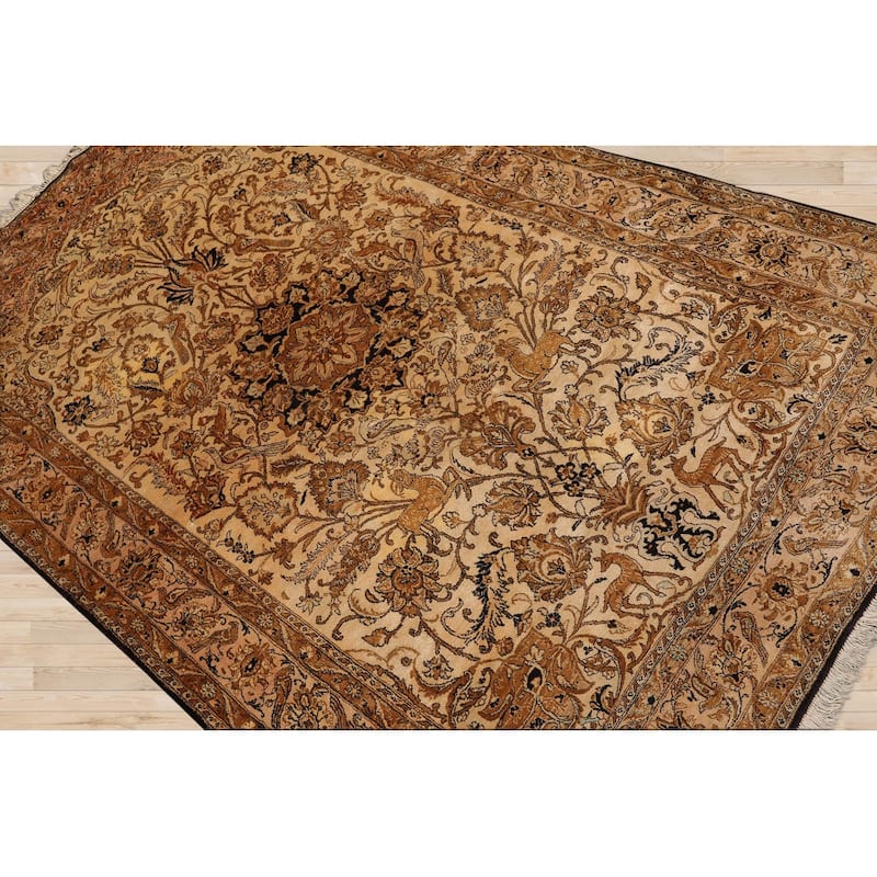 Hand Knotted Tan,Brown Persian 100% Silk Pictorial Oriental Area Rug - 4' 6'' x 7' 1''