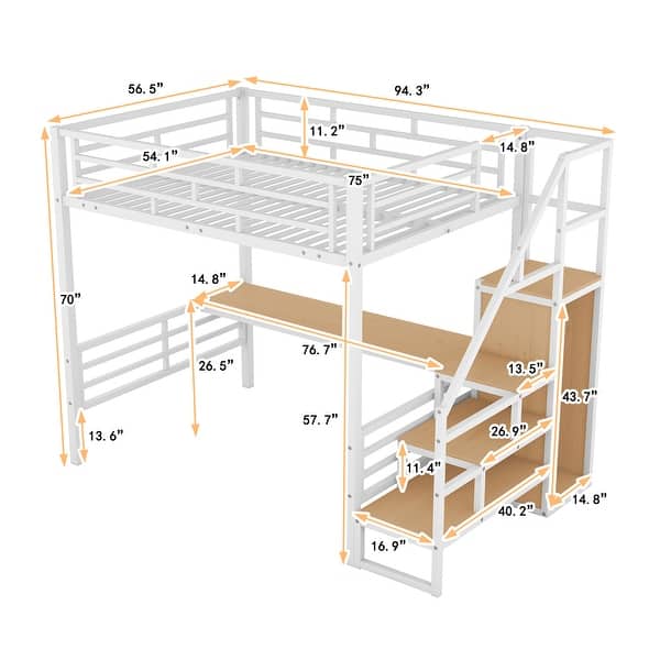 Full Size Metal Loft Bed with Desk, Storage Staircase, Wardrobe, and Reversible Stairs - White