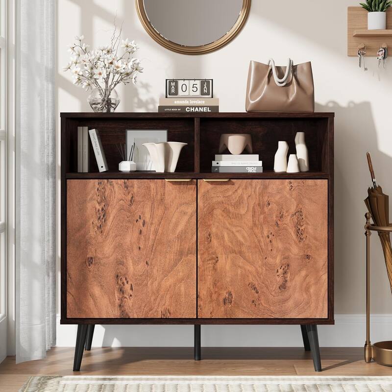 Sideboard Buffet Cabinet with Storage, Wooden Cabinet with 2 Open Shelves, Burl Texture, Coffee Bar for Dining Room