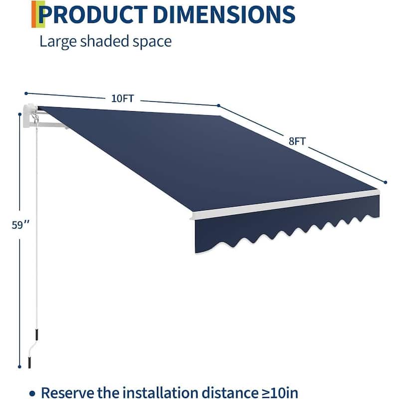 10'x8' Retractable Waterproof Patio Awning, Sun Shade Awning with Manual Crank Handle - N/A