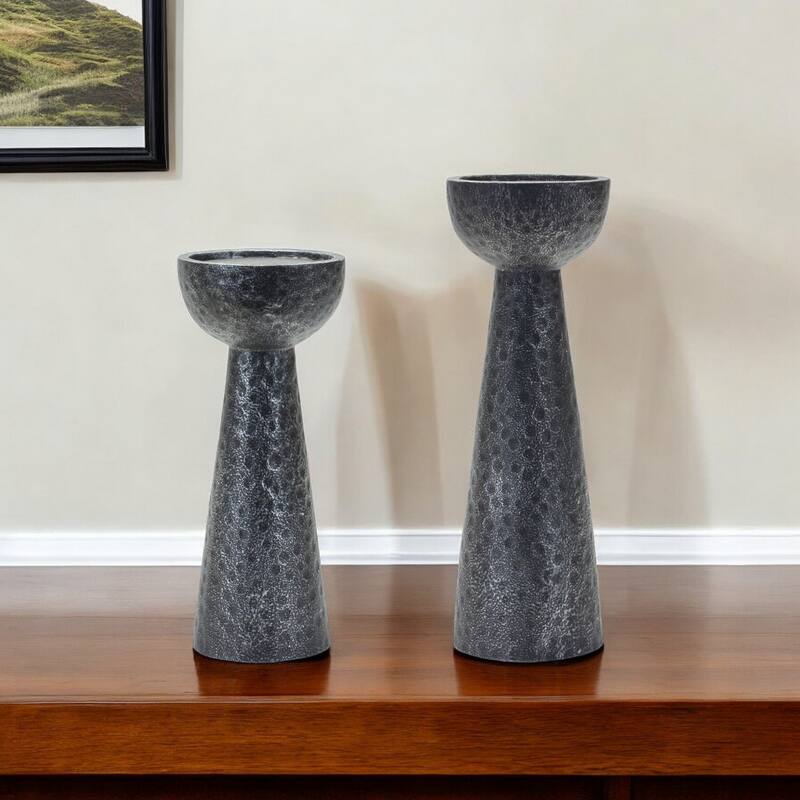 Set of Two Black Polyresin Hammered Tabletop Pillar Candle Holders - One Size - Black - One Size