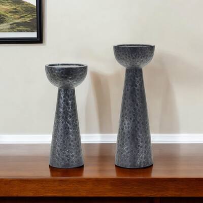 Set of Two Black Polyresin Hammered Tabletop Pillar Candle Holders - One Size