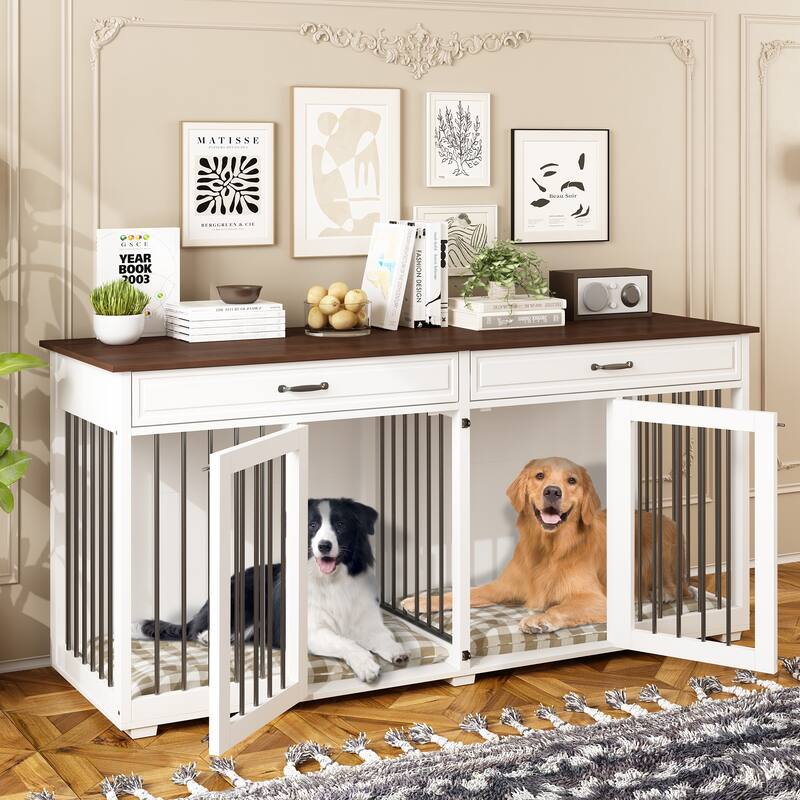 72.4 Inch Wooden Large Furniture Dog Crate with Drawers & Divider