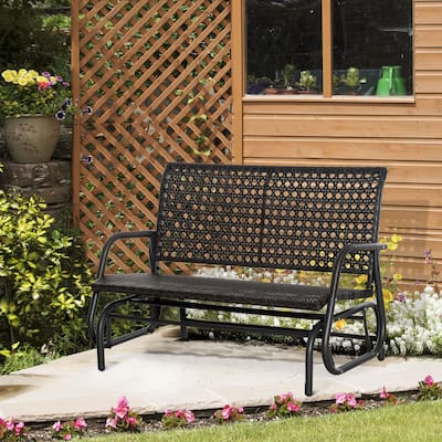 Outsunny 2-Person Outdoor Wicker Glider Bench, Patio Garden PE Rattan Swing Loveseat Chair Rocking Bench, w/ Extra Wide Seat