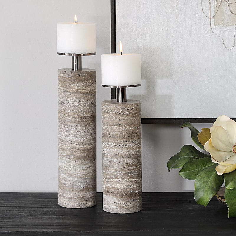 Uttermost 18186 Shadowstone Marble, Metal Table Pillar Candle Holder -