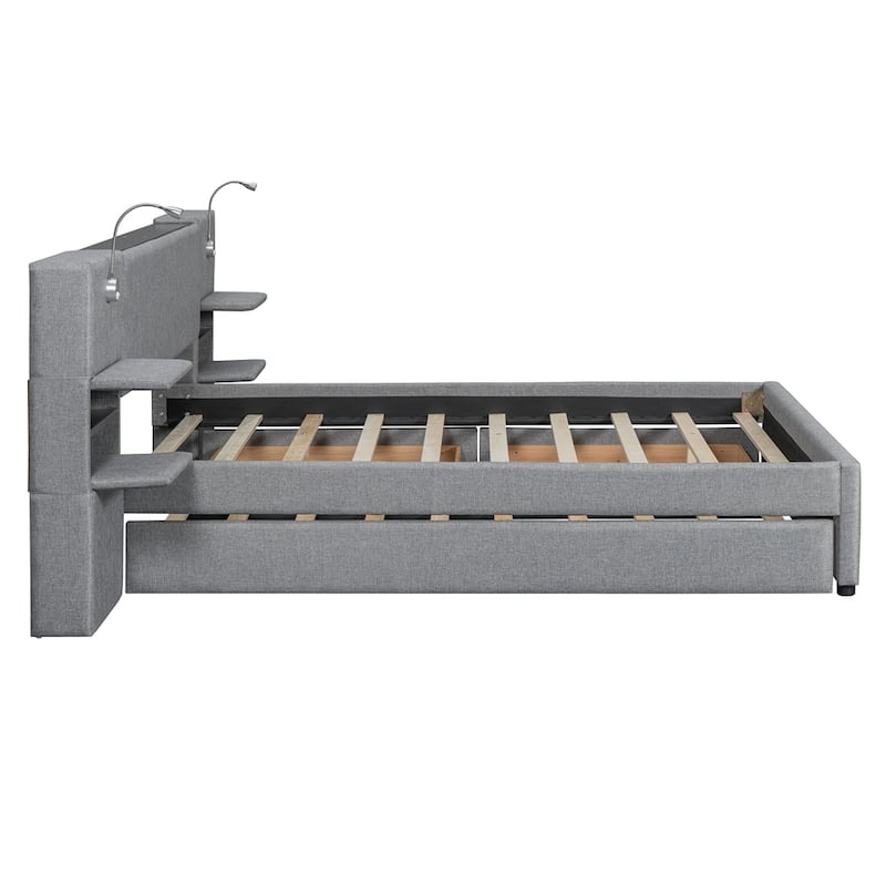 Queen Size Upholstered Platform Bed with Drawers Trundle and Shelves
