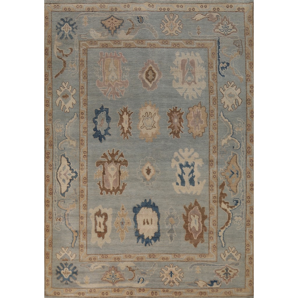 Geometric Blue Vegetable Dye Oushak Turkish Hand-Knotted Wool Carpet - 5'5"x 7'7"