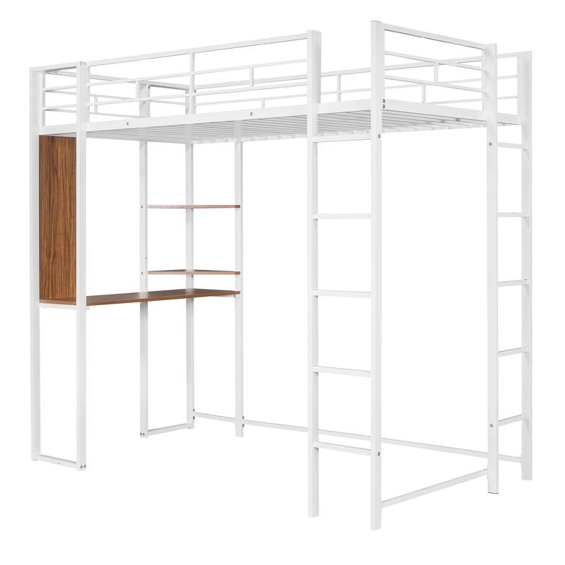 Twin Size Metal Loft Bed with Desk and 2 Shelves, White Finish, Sturdy Frame