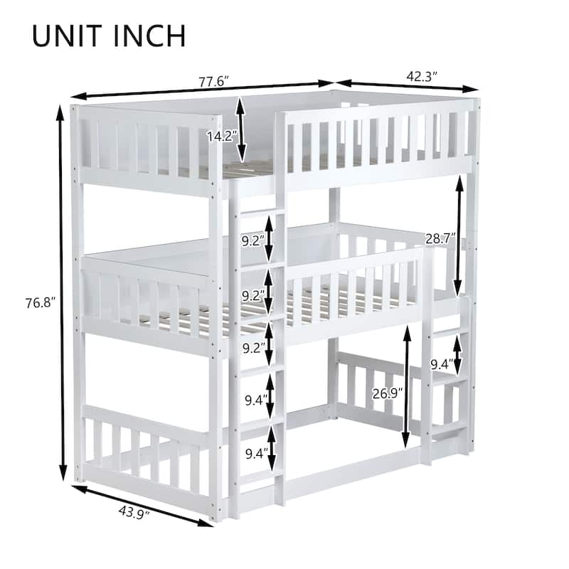 Triple Twin Bunk Bed with Dual Ladders & Guardrails (200lb Capacity per Level)