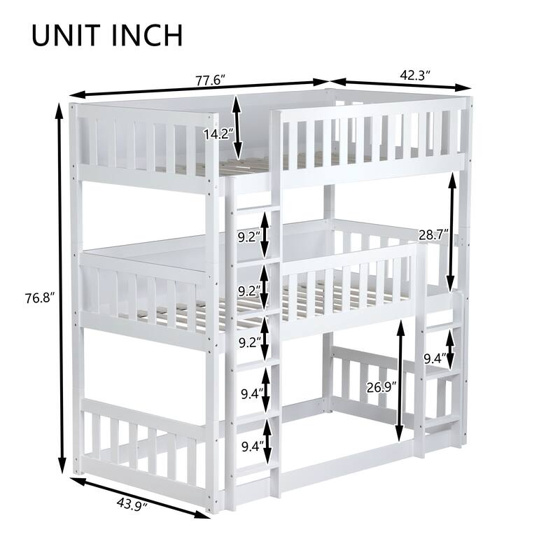 Twin Over Twin Over Twin Rubber Wood Triple Bunk Bed with Guardrails and Ladders, Detachable Convertible Triple Twin Bed Frame