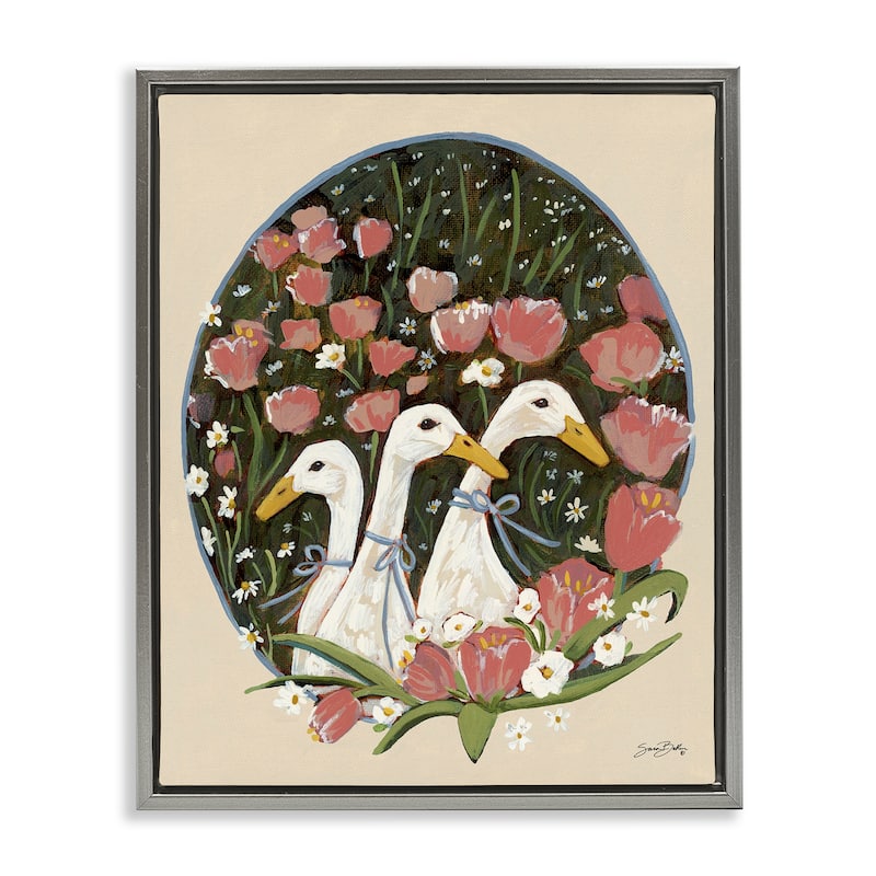 Stupell Ducks with Cottage Blooms Framed Floater Canvas Wall Art Design By Sara Baker - 17 x 21 - Grey