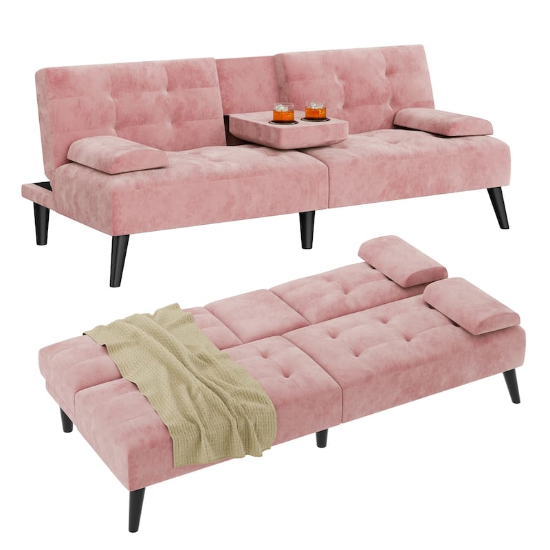 3-in-1 Convertible Sofa Bed with Folding Cup Holders & Adjustable Backrest – Modern Futon with Removable Armrests
