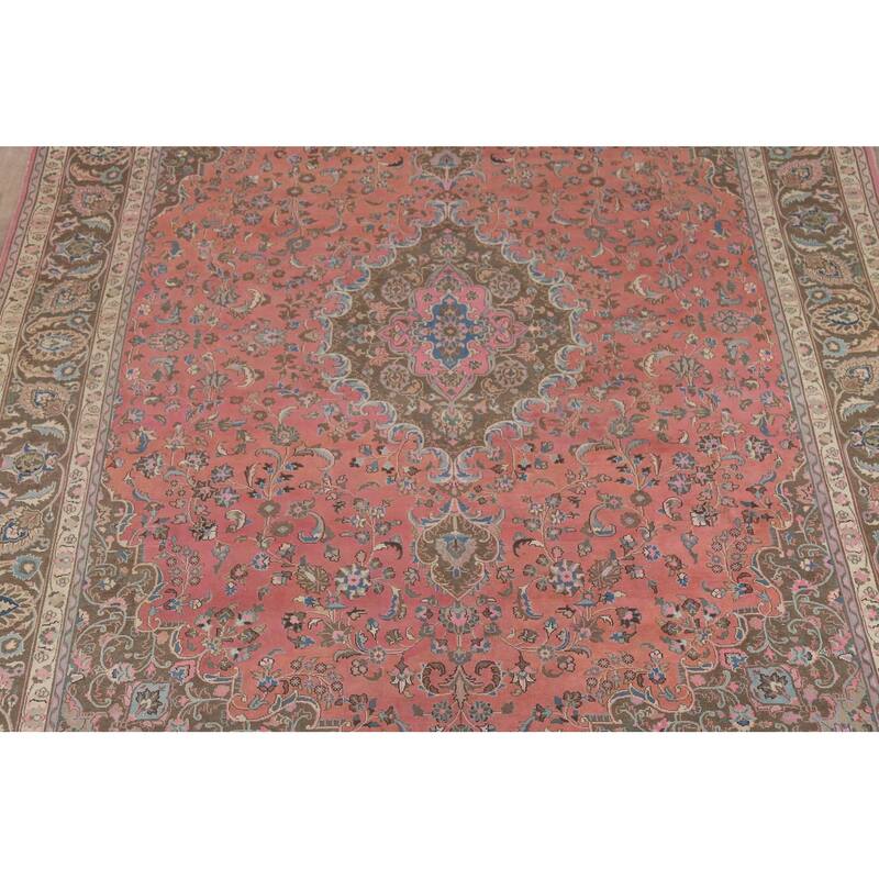 Traditional Pink Mashad Persian Vintage Rug Handmade Wool Carpet - 9'8"x 12'3"