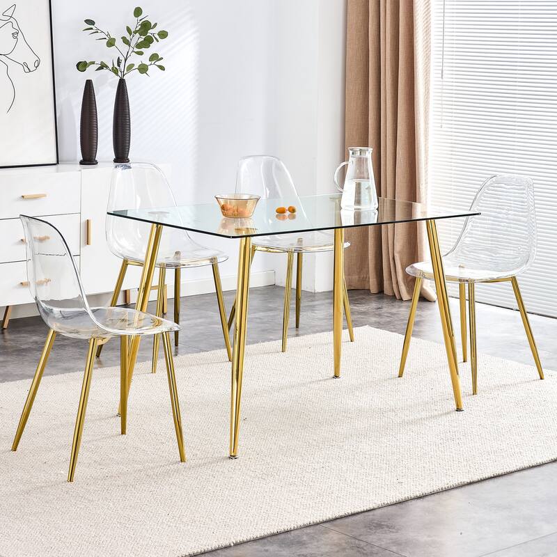 Roomfitters Transparent Armless Plastic Dining Chairs with Gold Metal Legs, Nordic Style Set of 4 for Home or Office, Golden