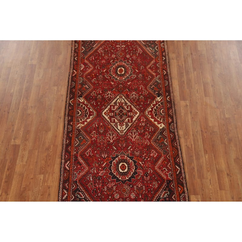 Tribal Red Qashqai Persian Vintage Runner Rug Hand-knotted Wool Carpet - 3'7"x 9'9"