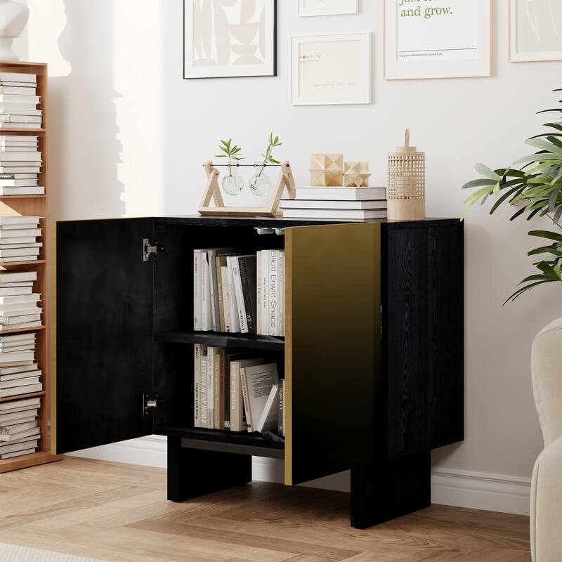 Modern Matte Black 2 Door Accent Cabinet with Gold Wire Mesh