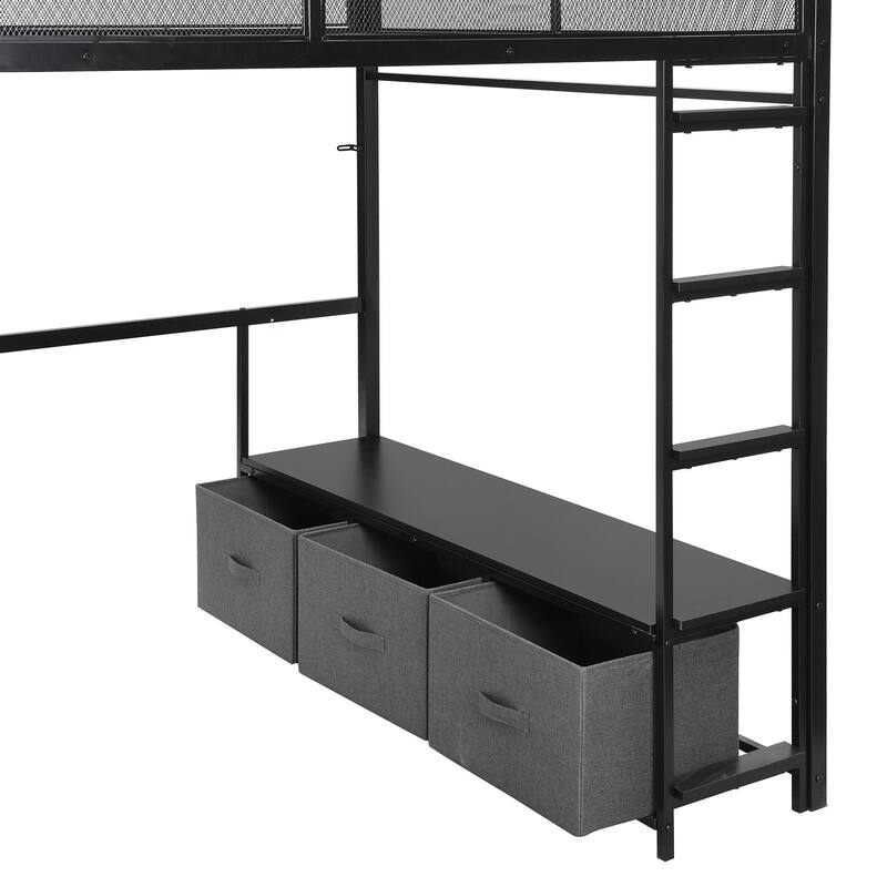 White Full Size Metal Loft Bed with Desk, LED Lighting, Storage Drawers, and Wardrobe for Gaming